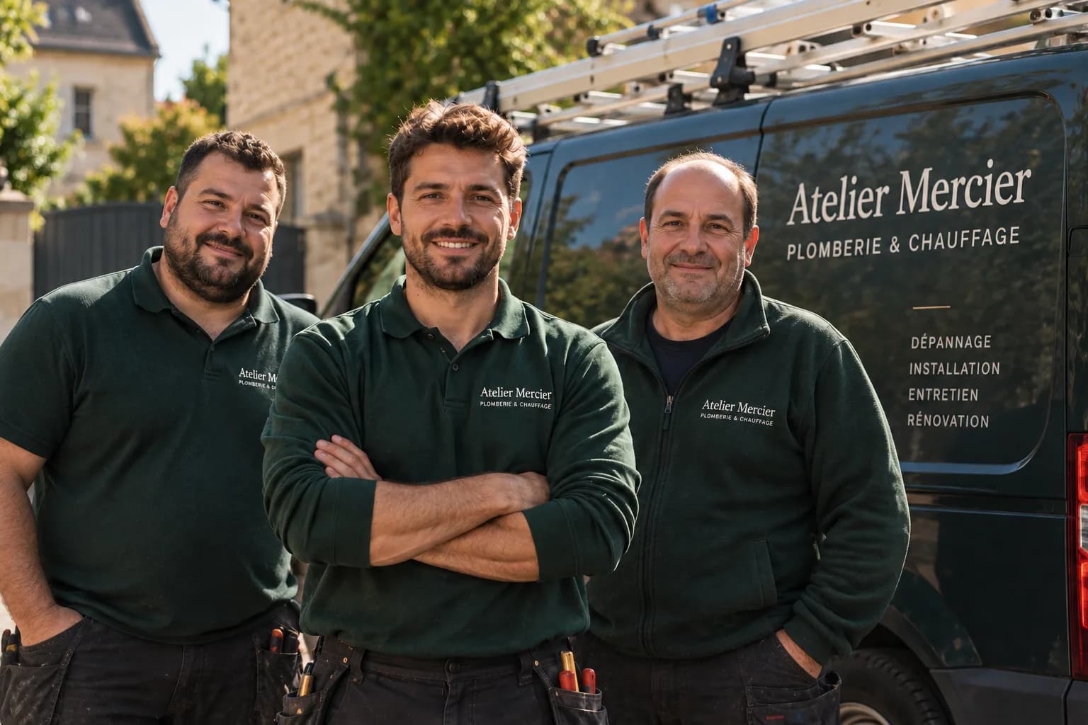 Les trois artisans d'Atelier Mercier devant leur véhicule, à Caen