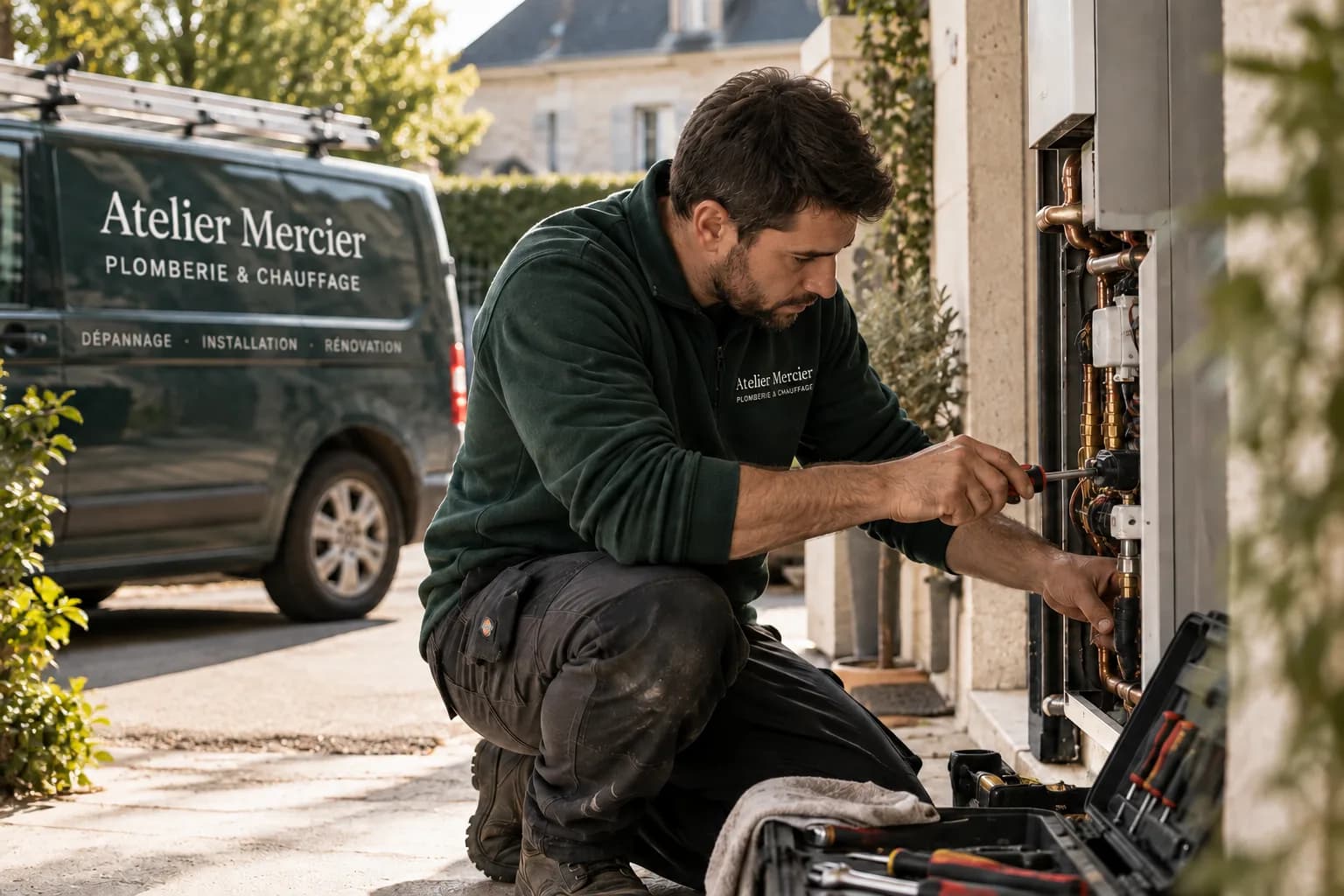 Technicien en intervention de dépannage devant la camionnette Atelier Mercier