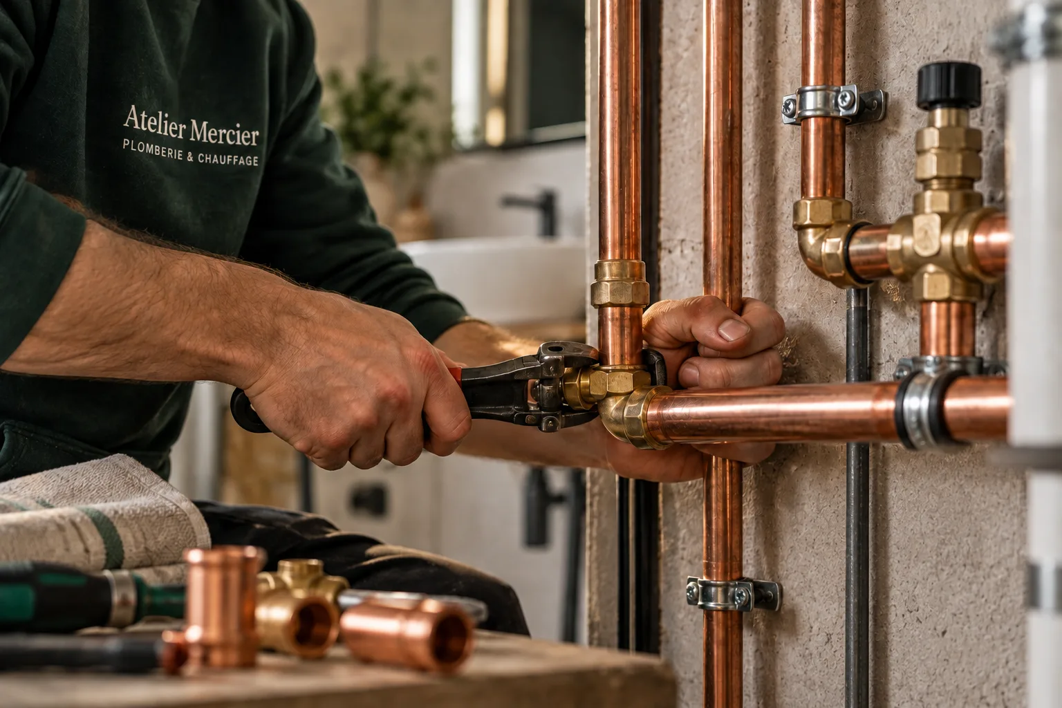 Technicien Atelier Mercier travaillant sur des raccords cuivre