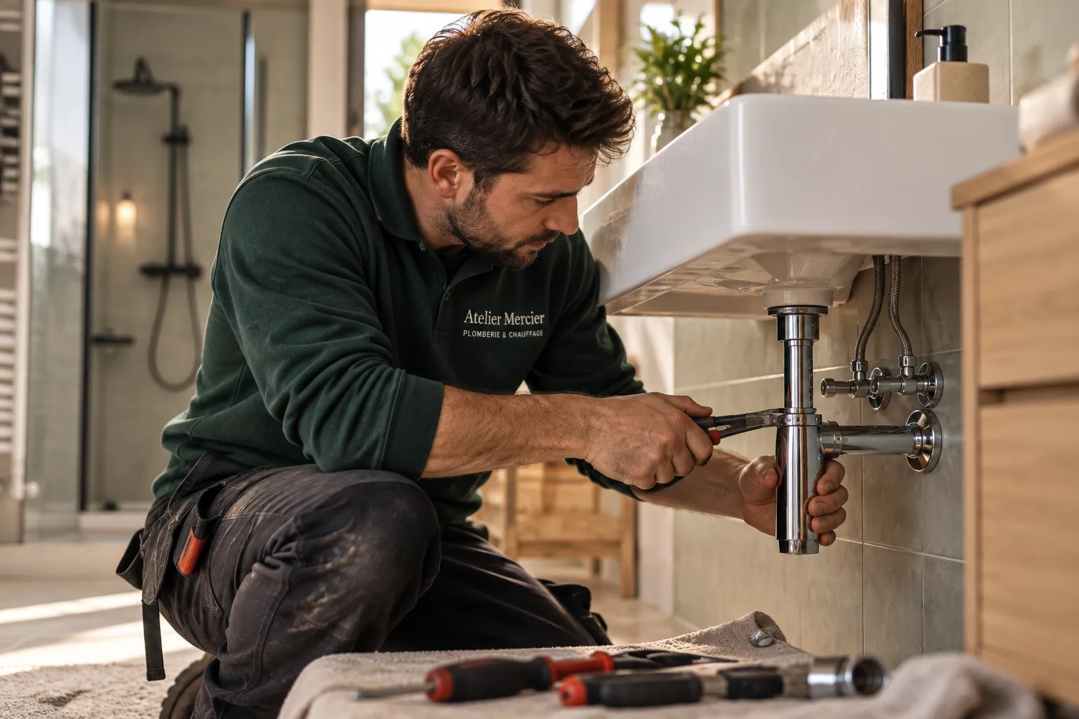 Technicien intervenant sous un lavabo de salle de bain