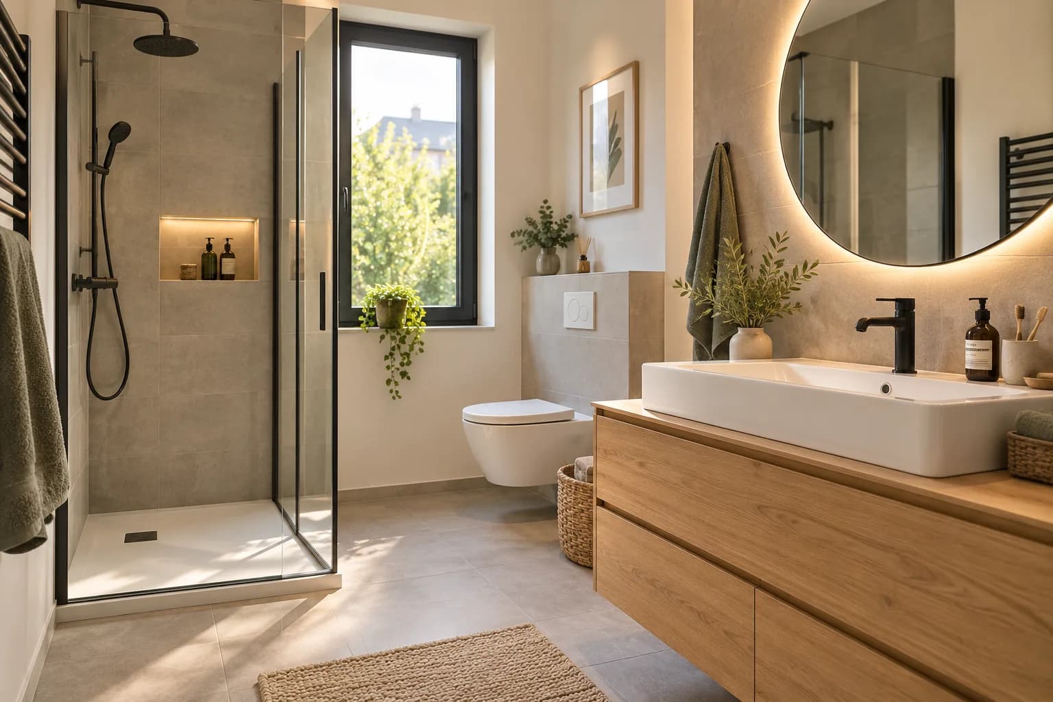 Salle de bain rénovée par Atelier Mercier : douche à l'italienne, vasque et miroir rond
