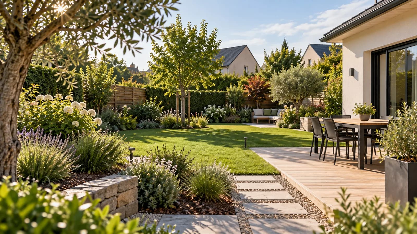 Jardin paysager aménagé par Racine Paysage, terrasse et pelouse baignées de lumière